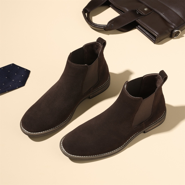 Men's Plain-Toe Suede Chelsea Boots - DARK BROWN - 6